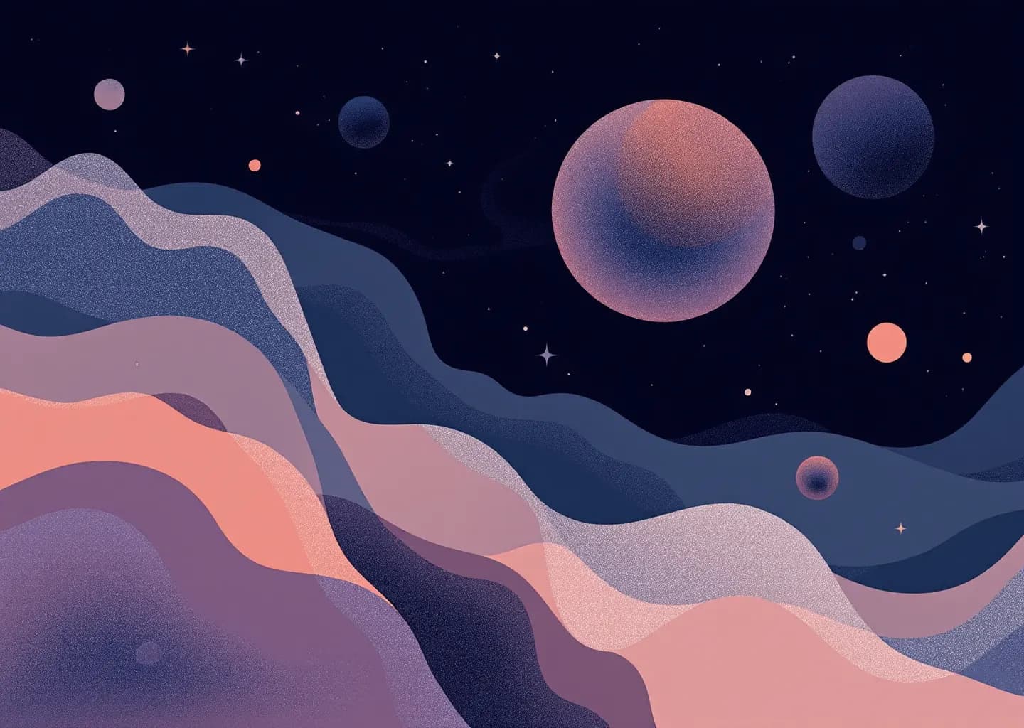 Abstract composition of fractured network nodes and a masked figure, muted earth tones with coral and navy accents