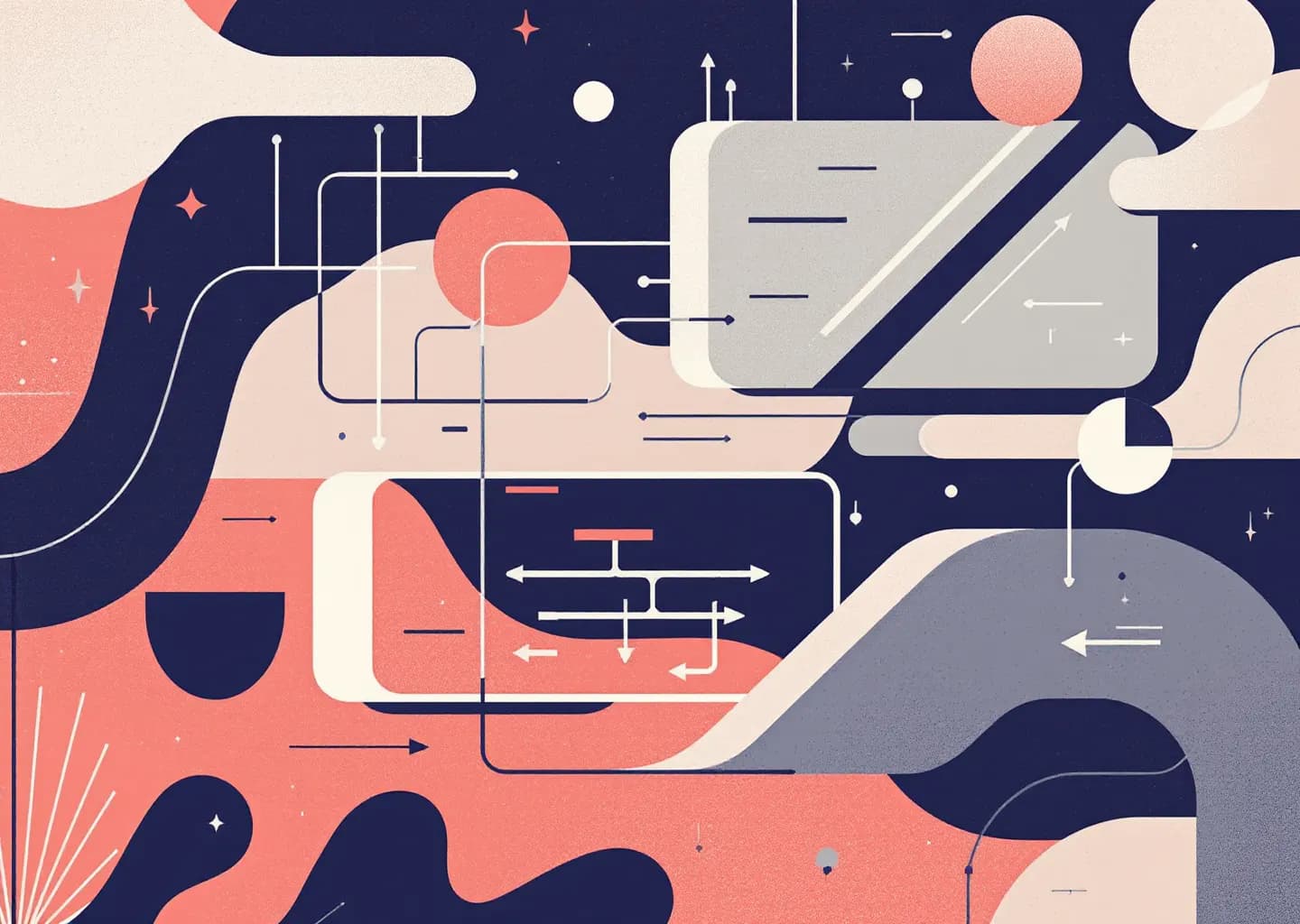 Abstract composition of interconnected nodes, circuit-like traces, and stylized figures in muted earth tones with coral and n