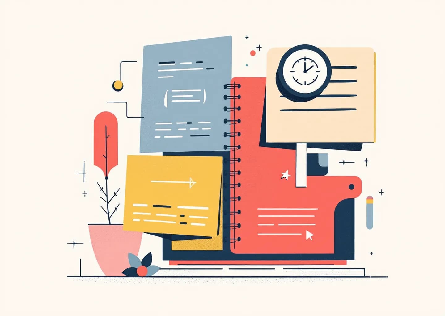 Muted earth-tone abstract scene: stylized laptop with padlock over a folder, layered shields and coral and navy geometric acc