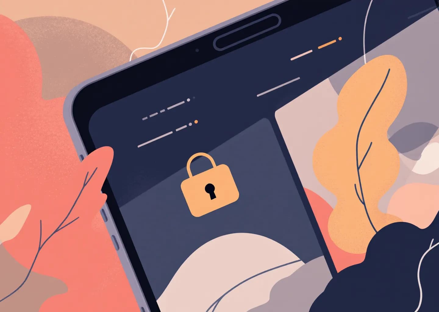 Abstract smartphone silhouette with layered circuit lines and a padlock, organic shapes in muted earth tones with coral and n