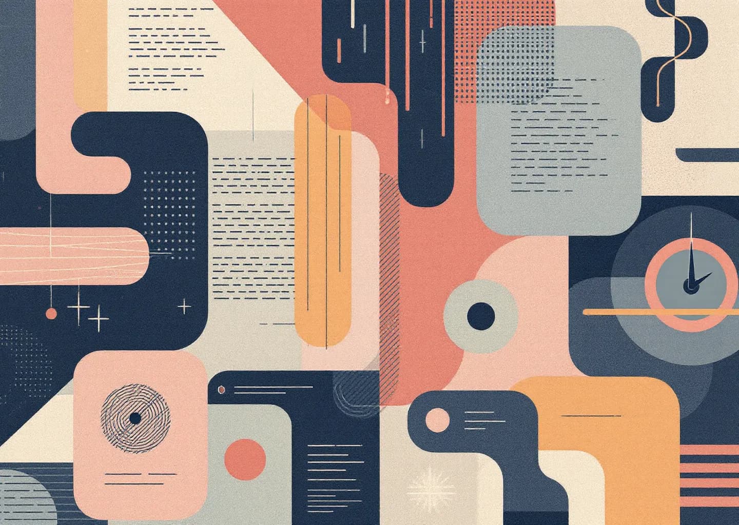 Overlapping tablet, phone, and laptop silhouettes with stacked interface blocks and arrows, in muted earth tones with coral a