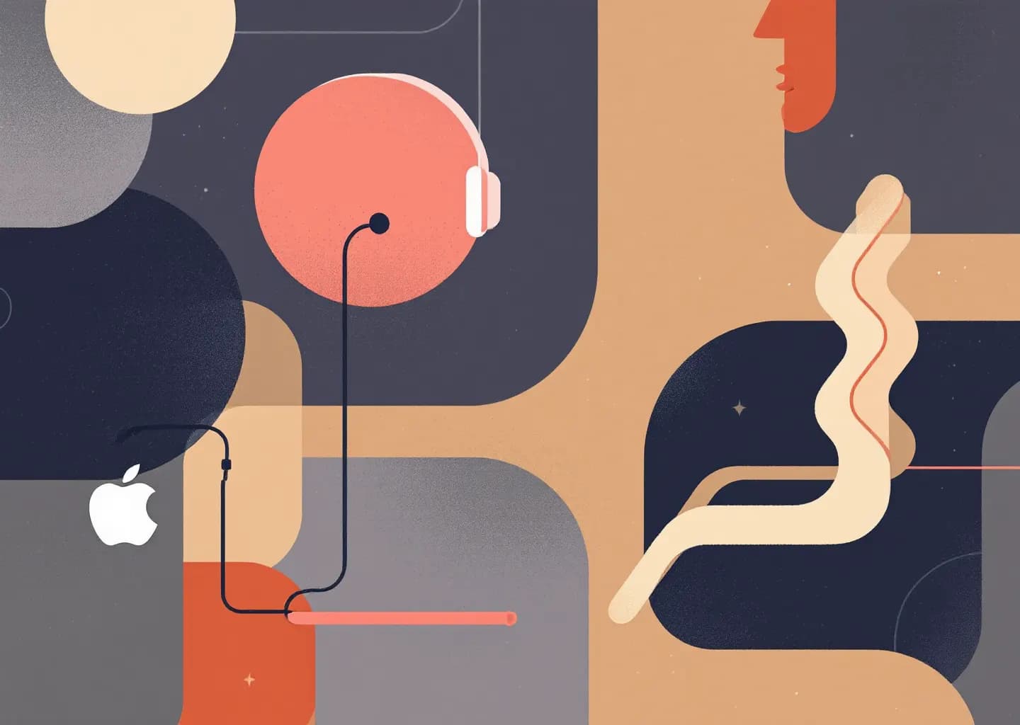 Abstract shapes suggesting audio waves, pipeline nodes, and a shield in muted earth tones with coral and navy accents