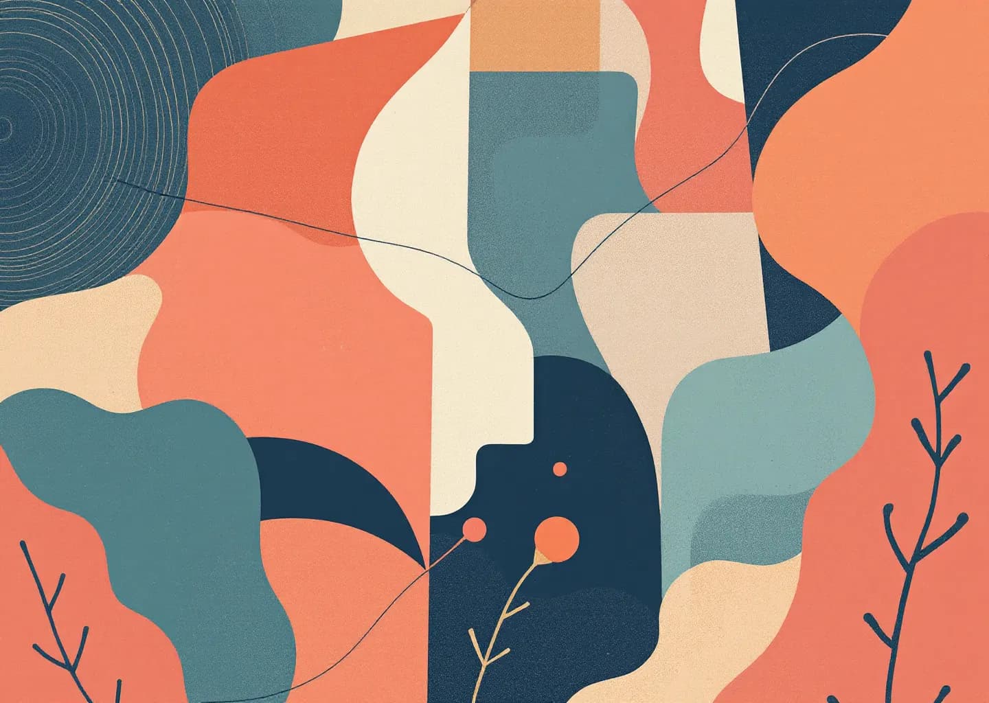 Layered translucent rectangles and circular nodes connected by navy lines, coral highlights on a muted earth-tone background