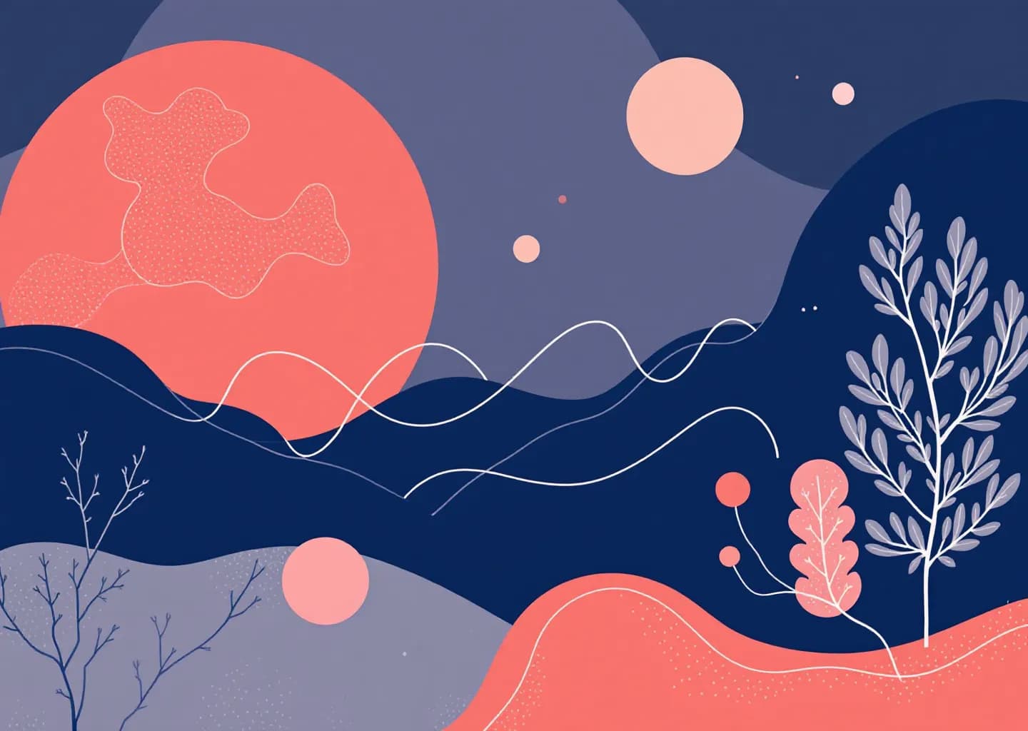 Abstract composition of stacked containers, connecting lines, and metric dials in muted earth tones with coral and navy accen