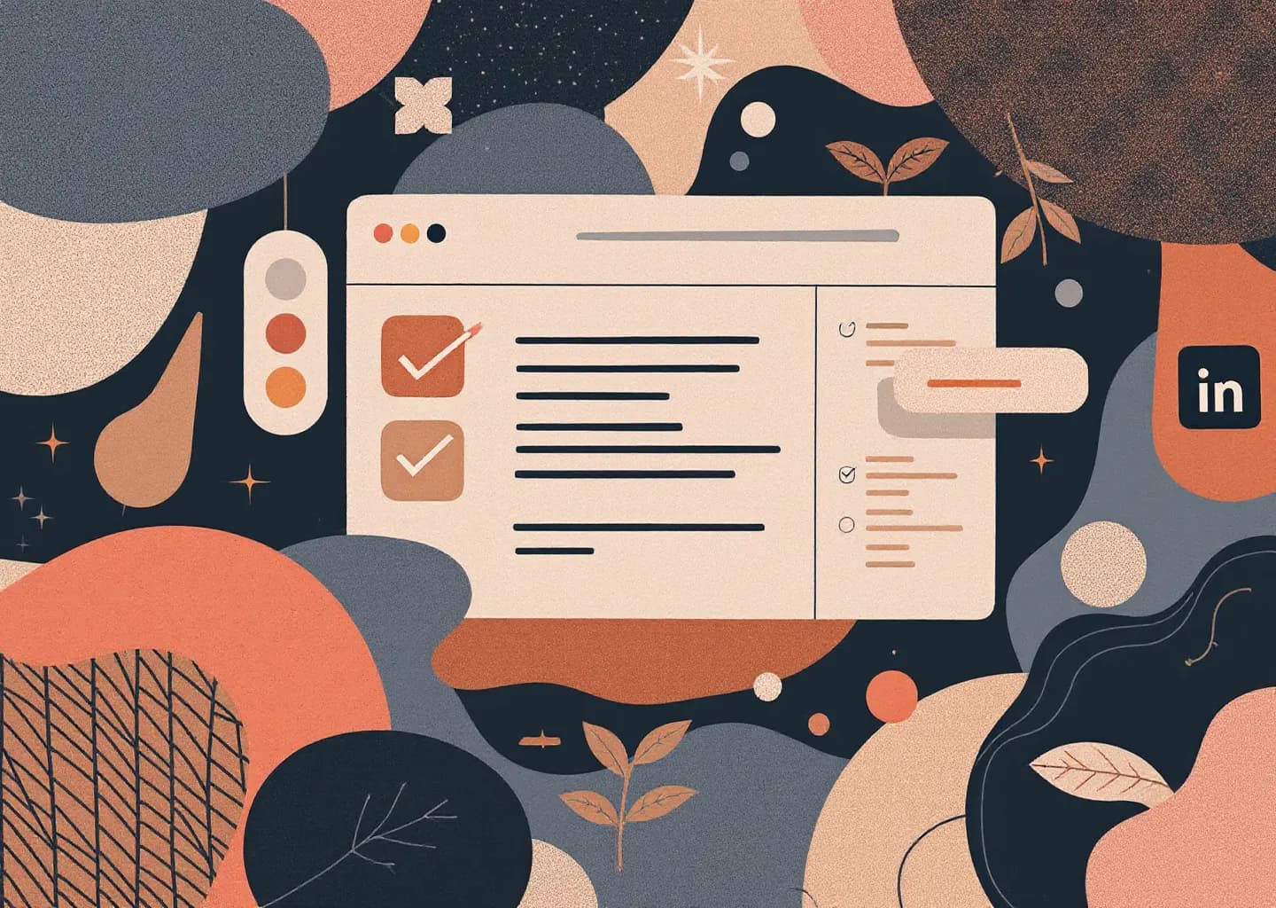Abstract stacked documents, checkmarks and error symbols linked by node lines in muted earth tones with coral and navy accent