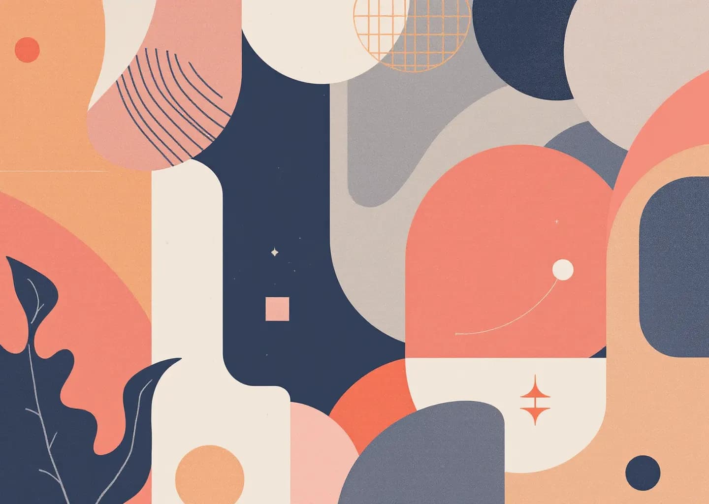 Abstract browser window with magnifying glass revealing red Xs, muted earth tones with coral and navy accents