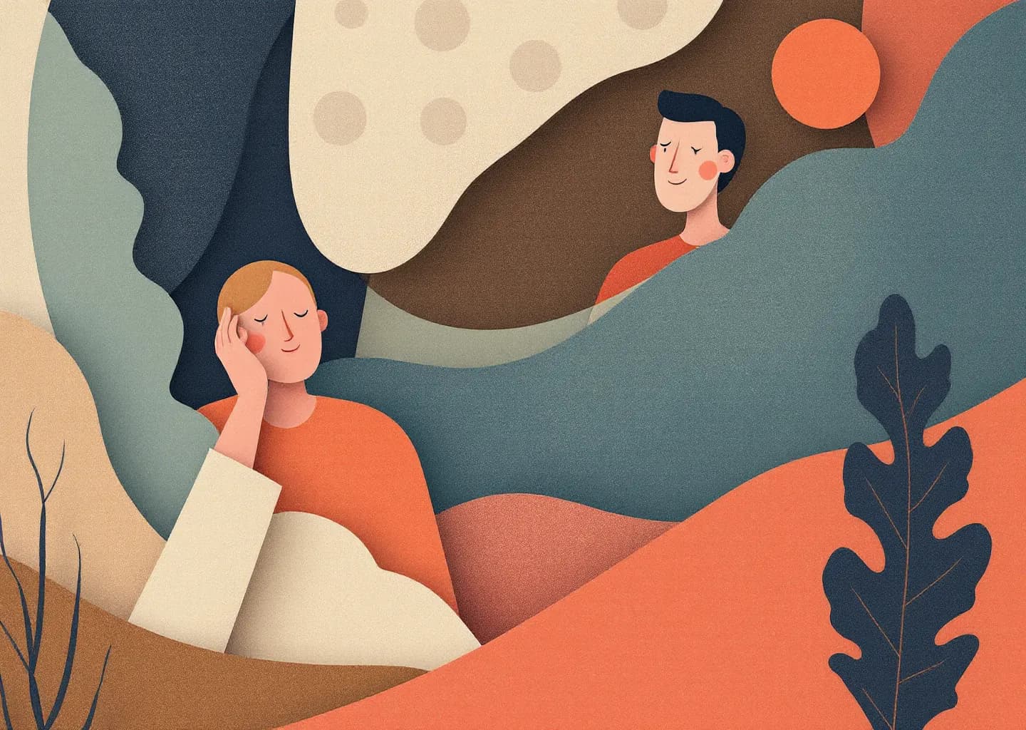 Abstract composition of connected browser windows, gears, and arrows in muted earth tones with coral and navy accents.