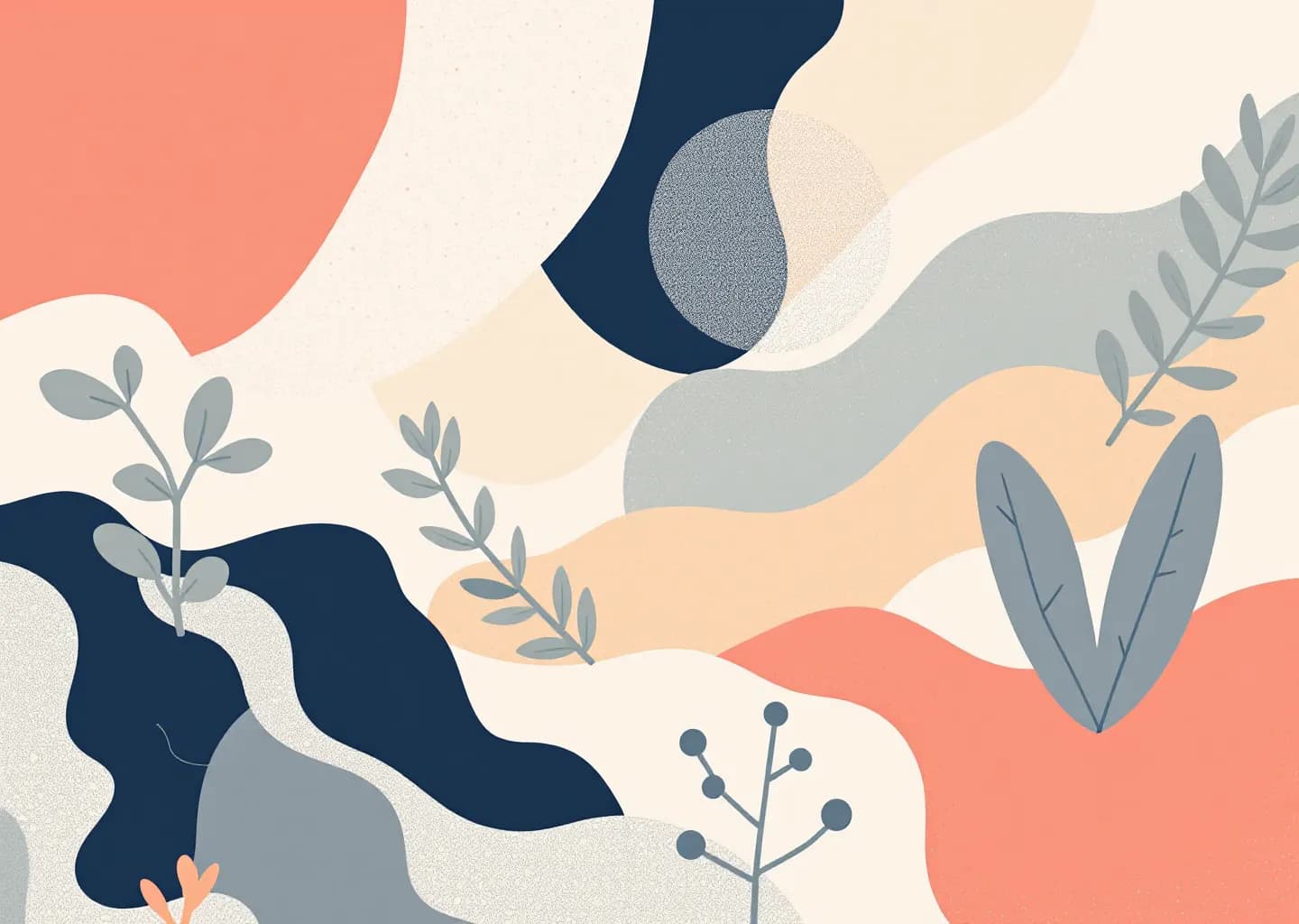 Abstract composition of interlocking shields and segmented pathways in muted earth tones with coral and navy accents