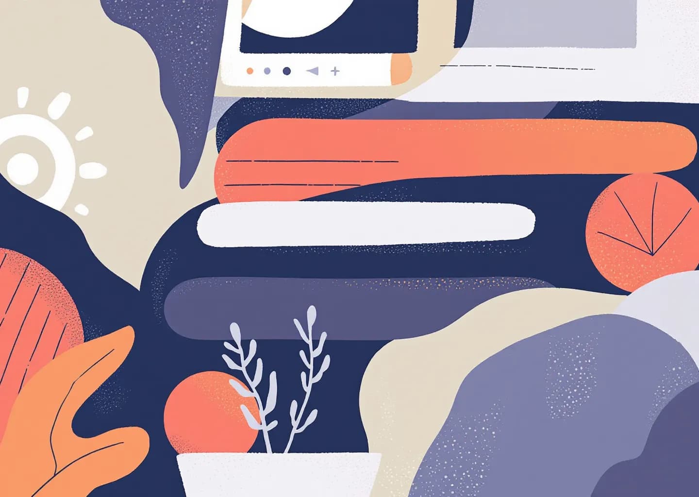 Abstract smartphone, microchip, and gear shapes in muted earth tones with coral and navy accents