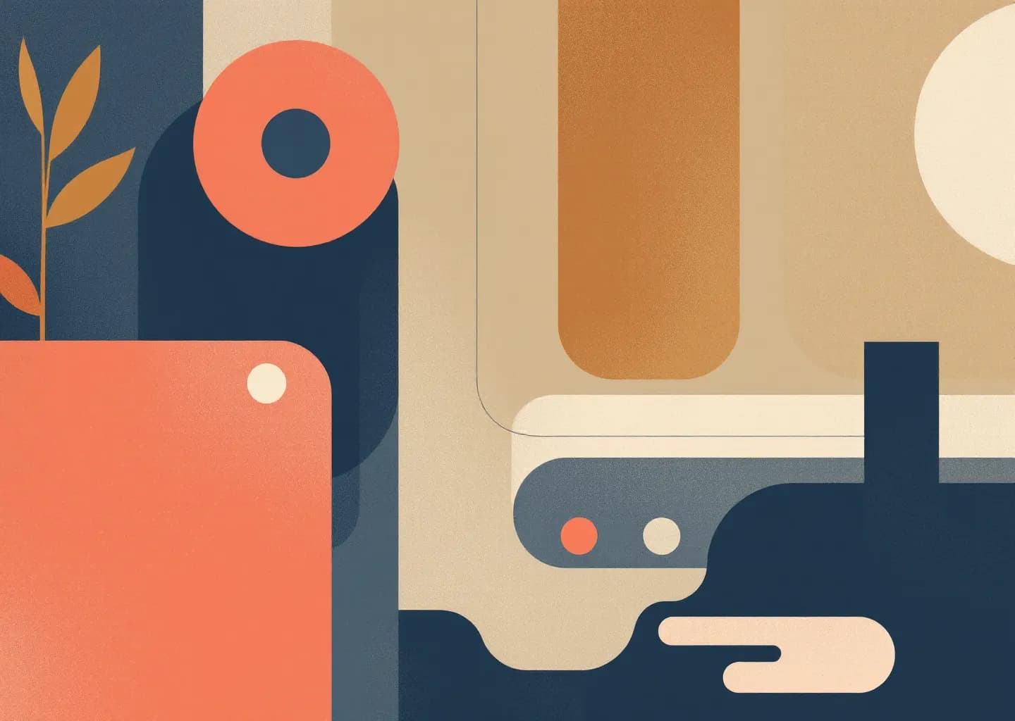 Overlapping code blocks and connected nodes around a stylized figure in muted earth tones with coral and navy accents