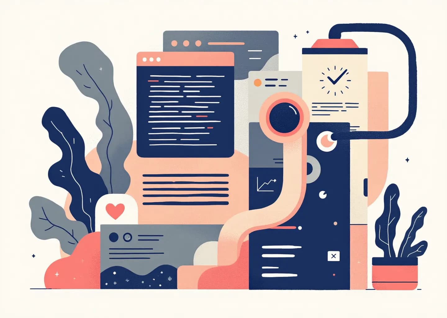 Abstract geometric shapes forming a stylized handshake above stacked coins and upward arrows, muted earth tones with coral an